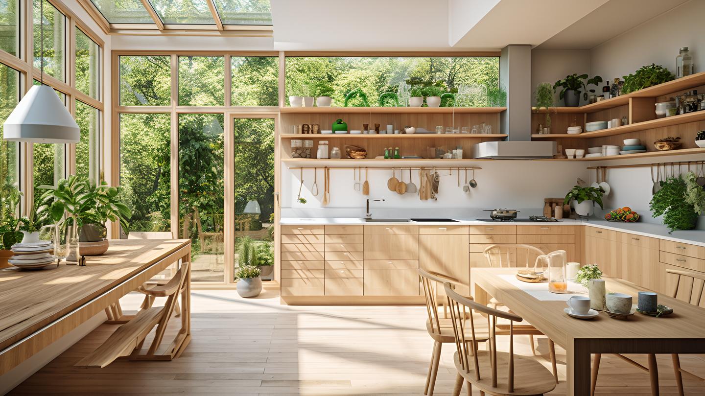 eine Küche mit viel Holzelementen und großen Holzfenstern