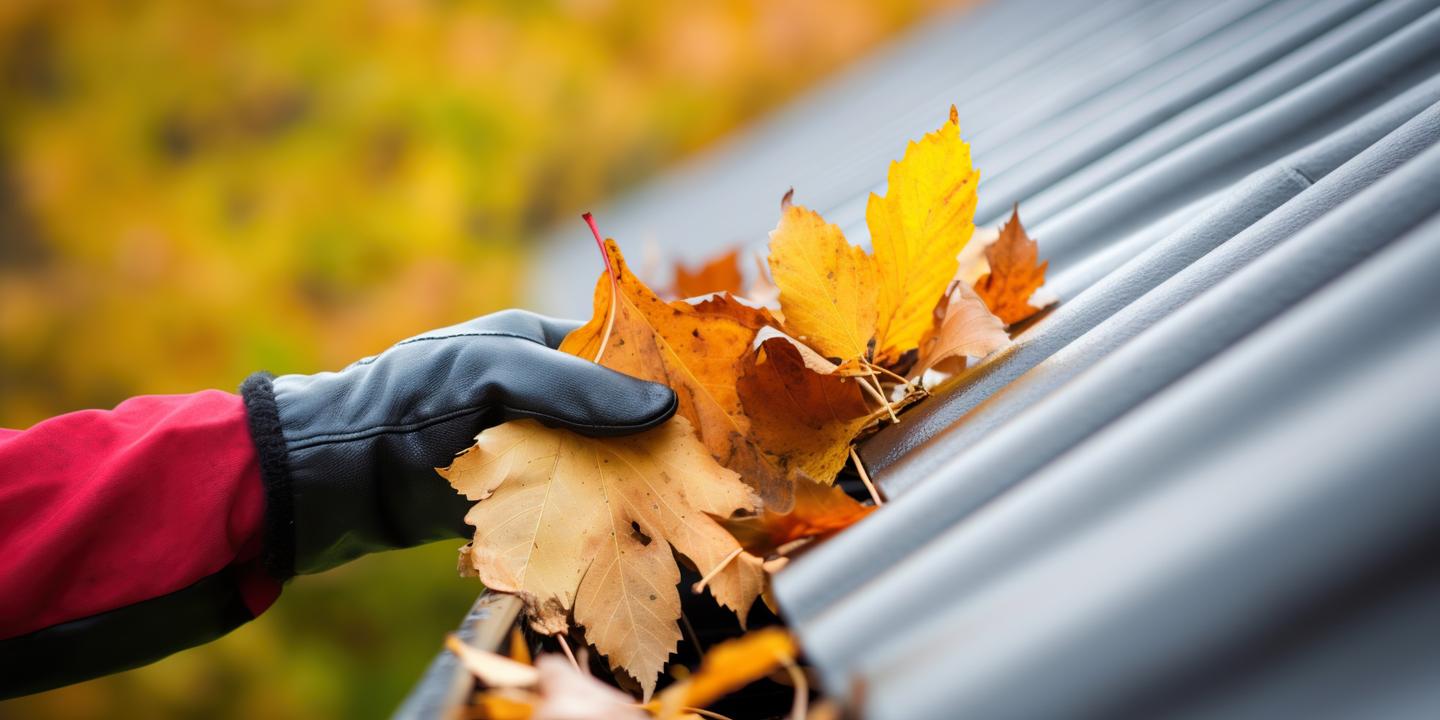 Hand sammelt Herbstlaub aus Regenrinne