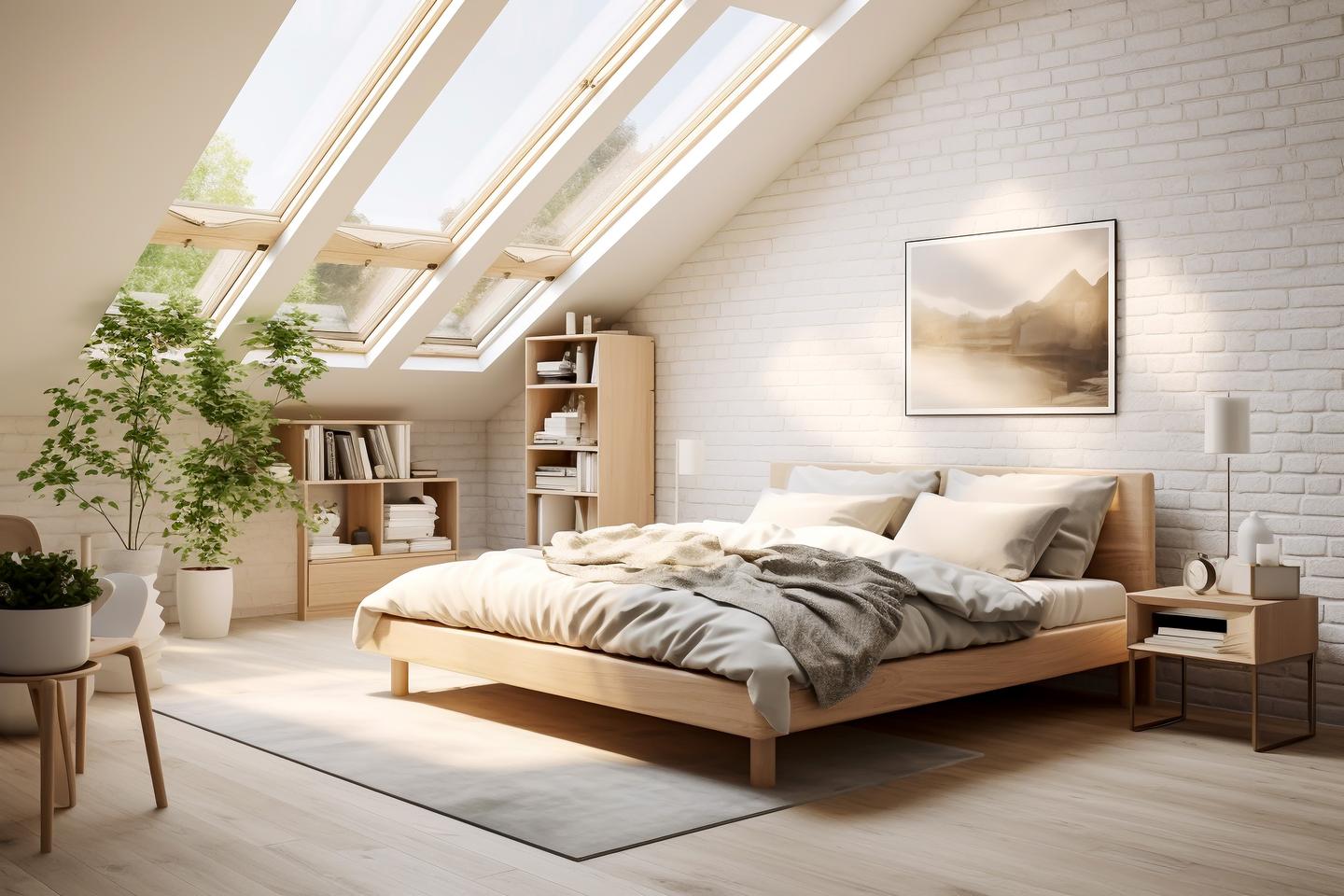ein Schlafzimmer mit großen Fenstern in der Dachschräge