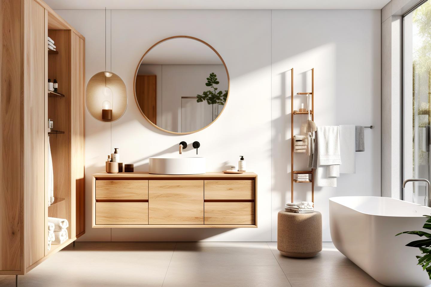 Modernes Badezimmer mit einem Schrank aus Holz