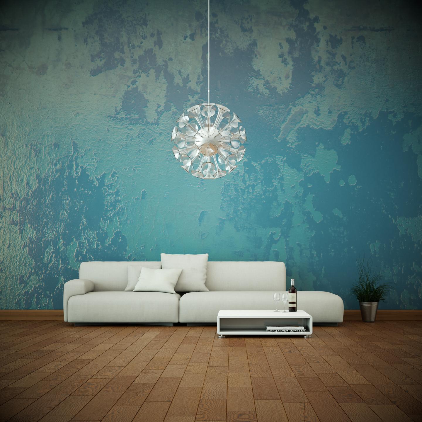Wohnzimmer mit blauen Effekten an der Wand