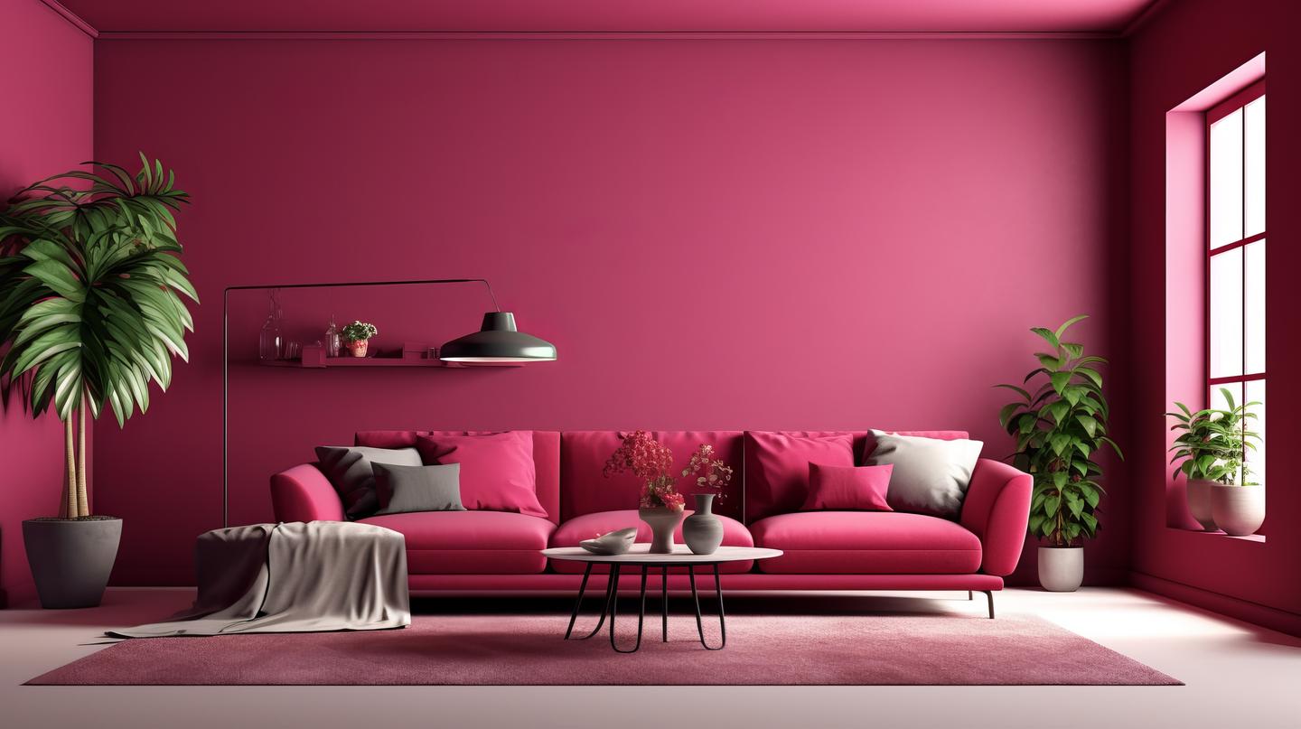 Zimmer mit pinken Wänden und pinkem Sofa