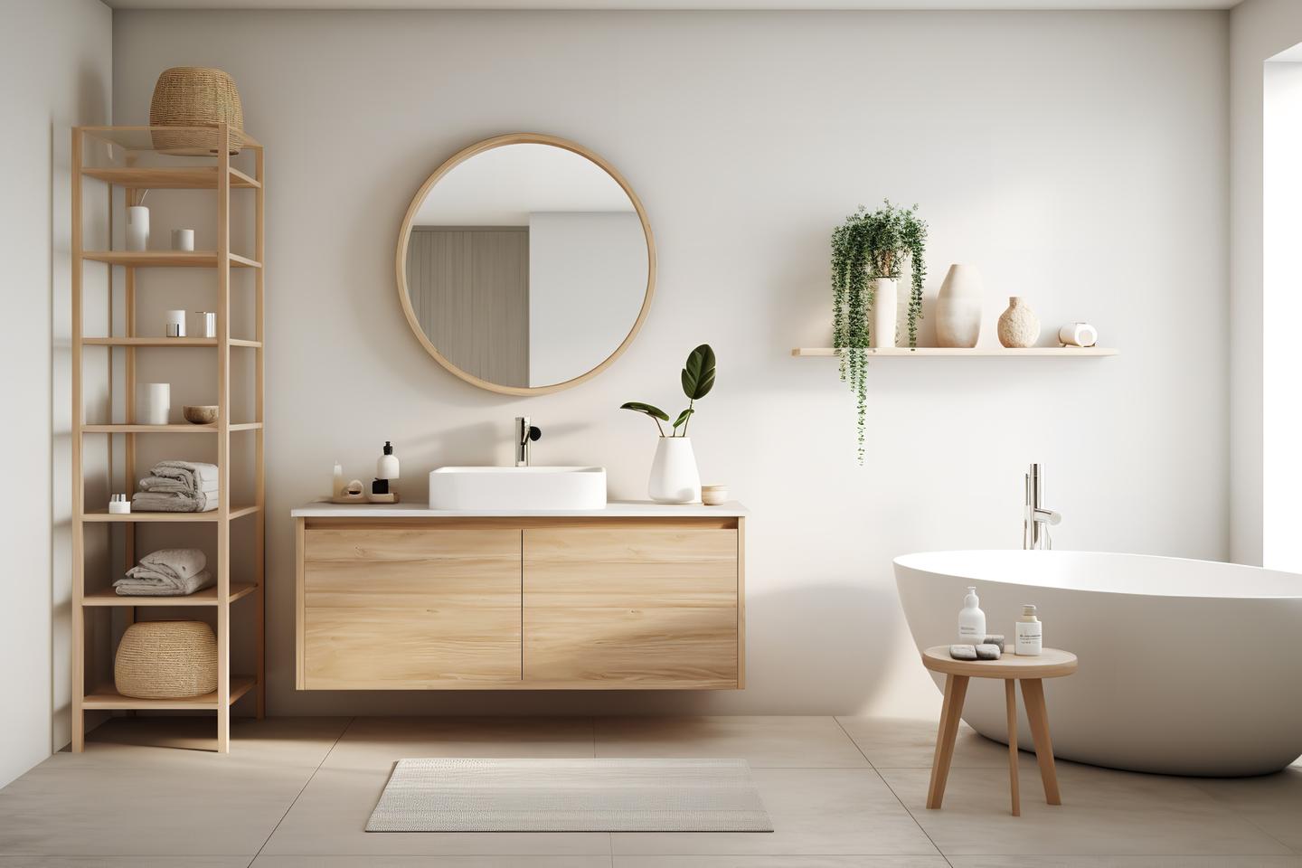 Möbliertes Badezimmer mit Holzelementen.