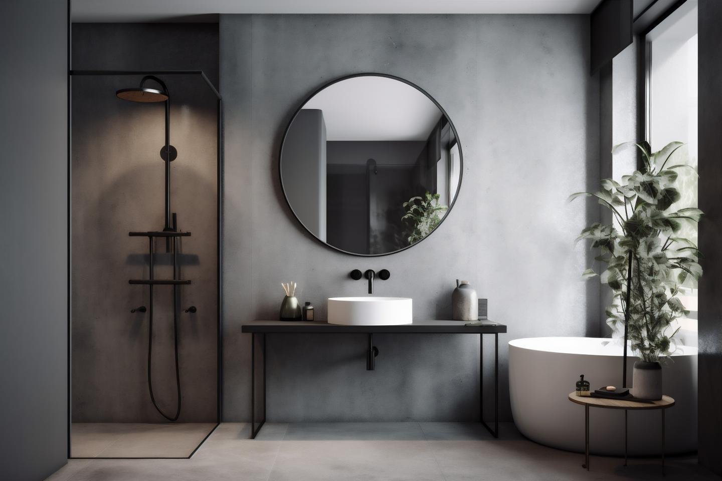Graues Badezimmer mit Spiegel und Dusche.
