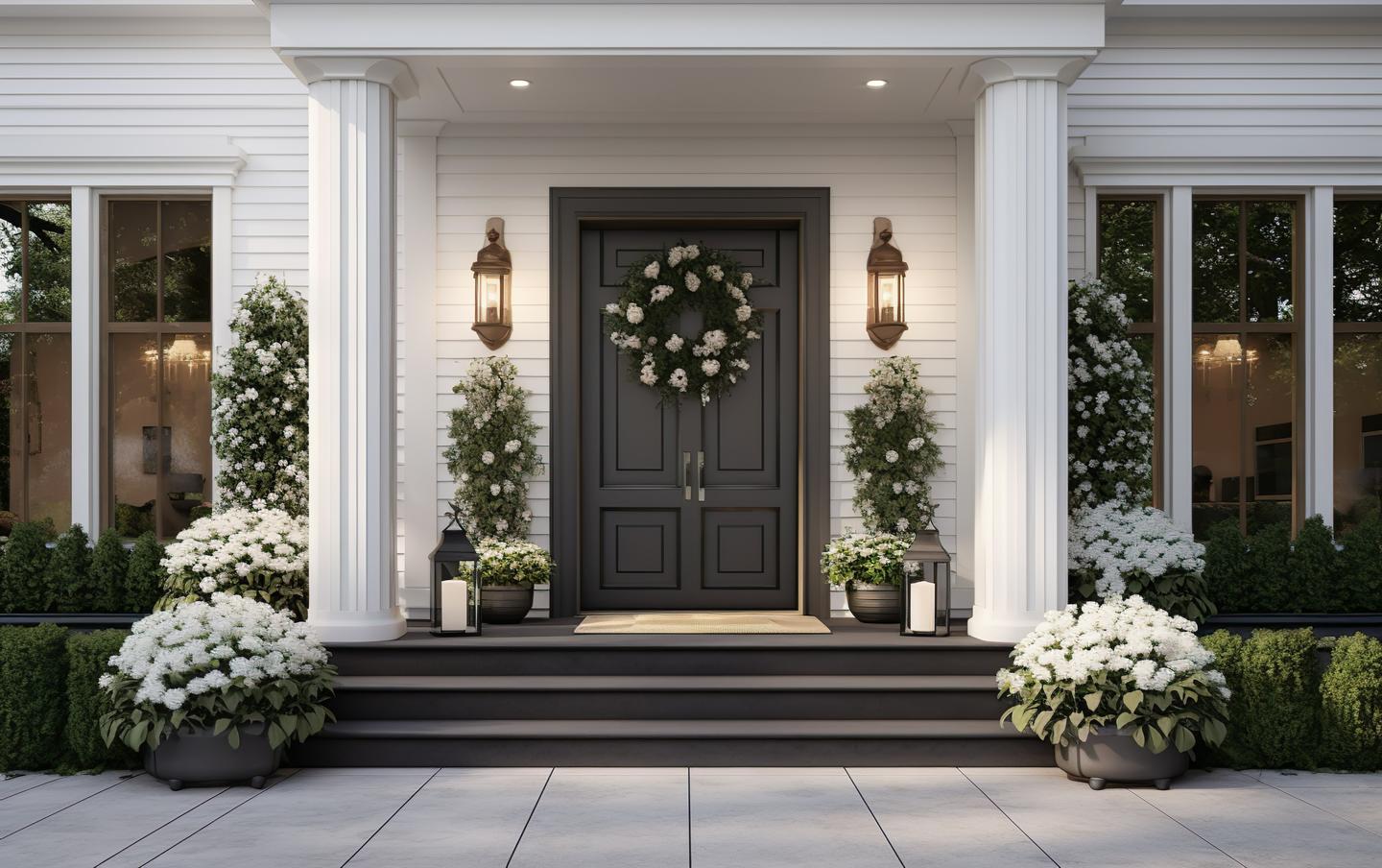 eine Veranda mit weißen Blumen und einer schwarzen Tür