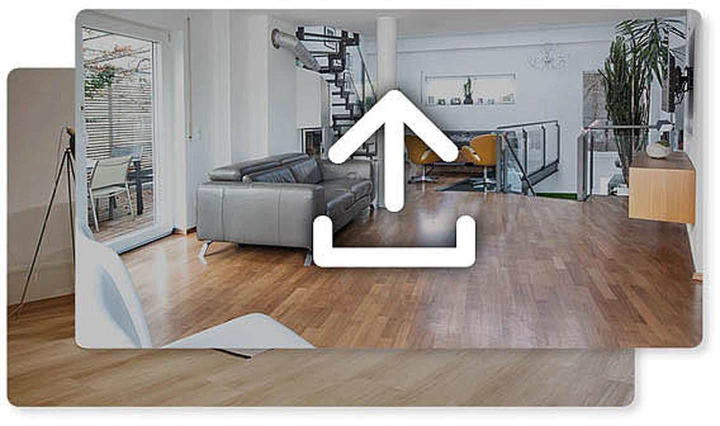 Bild eines Wohnzimmers mit Upload-Icon.