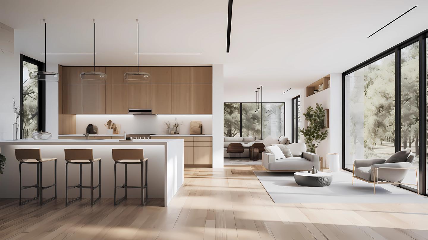 moderne Wohnküche mit weißen Wänden und Holzfußboden