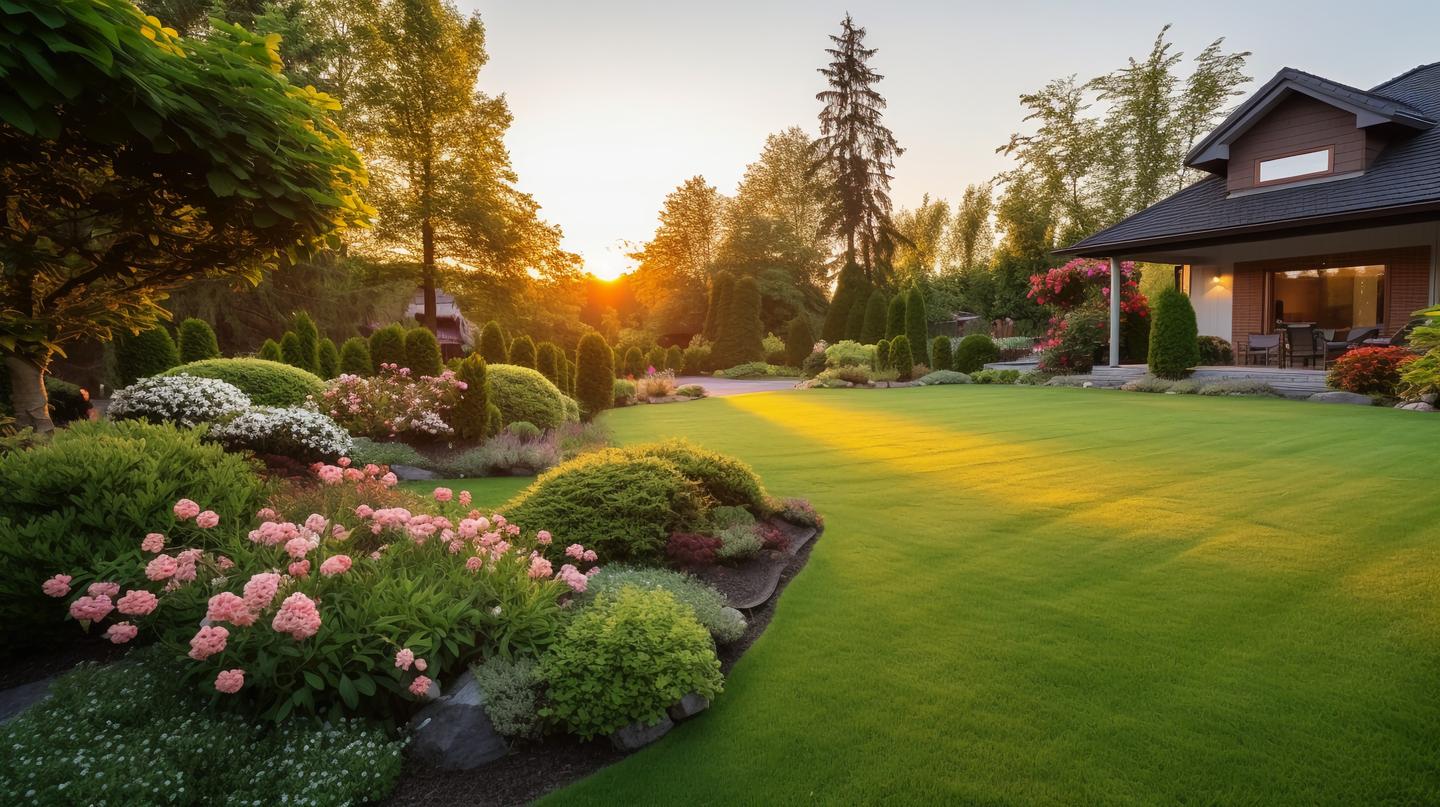 großer Garten mit gepflegtem Rasen bei aufgehender Sonne